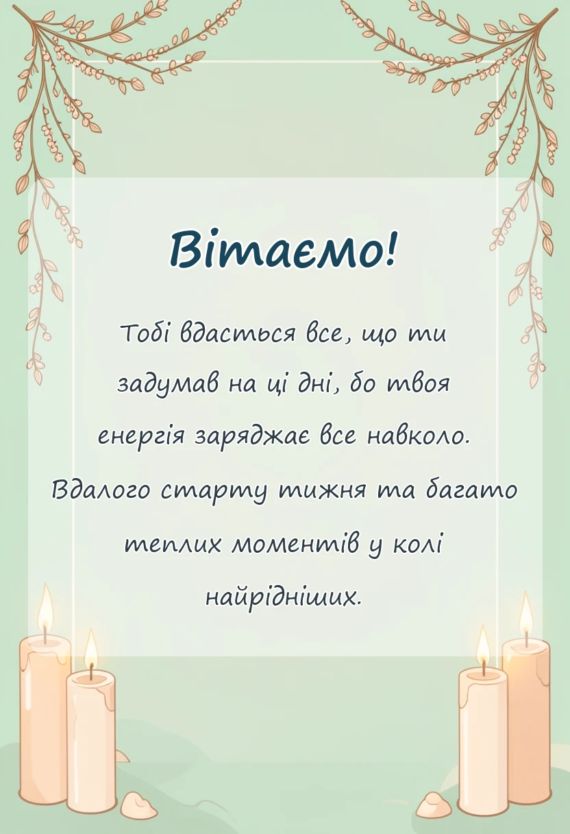 вітальна листівка - побажання мирного понеділка та вдалого тижня своїми словами