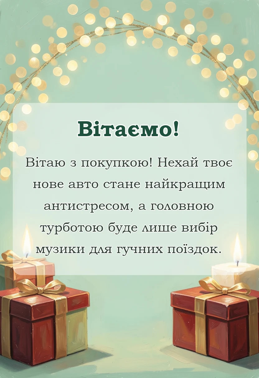 унікальна листівка - привітання з покупкою автомобіля