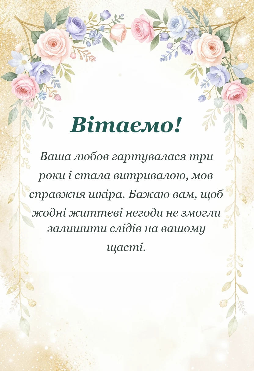 унікальна листівка - привітання на 3 роки весілля своїми словами