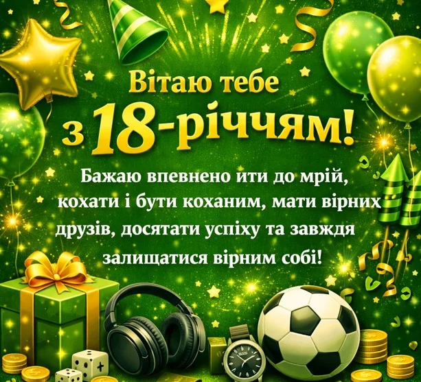 Вітання з повноліття хлопцю: подарунки, м'яч, вогні.