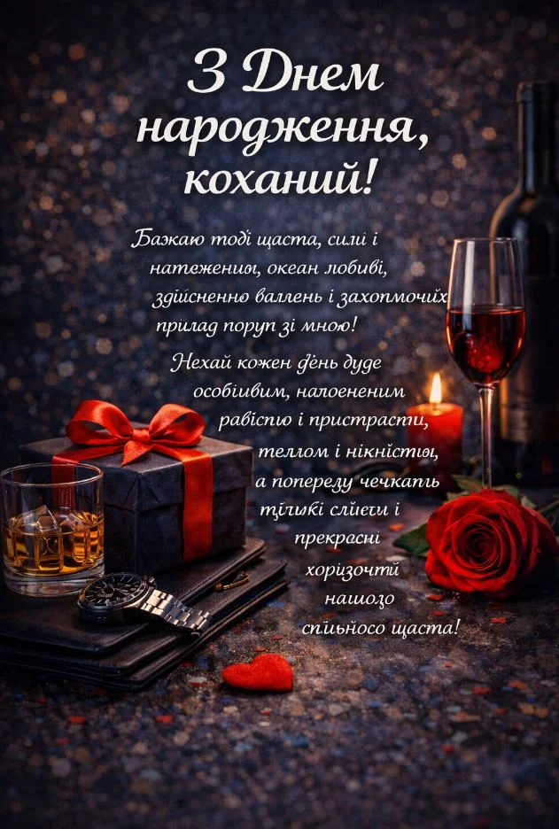 З Днем народження коханий! Вино, квіти та подарунок.
