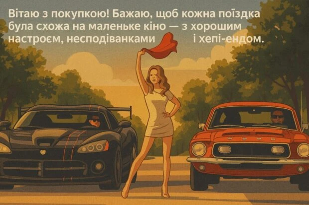 Жінка між двома автомобілями на святковій ілюстрації.
