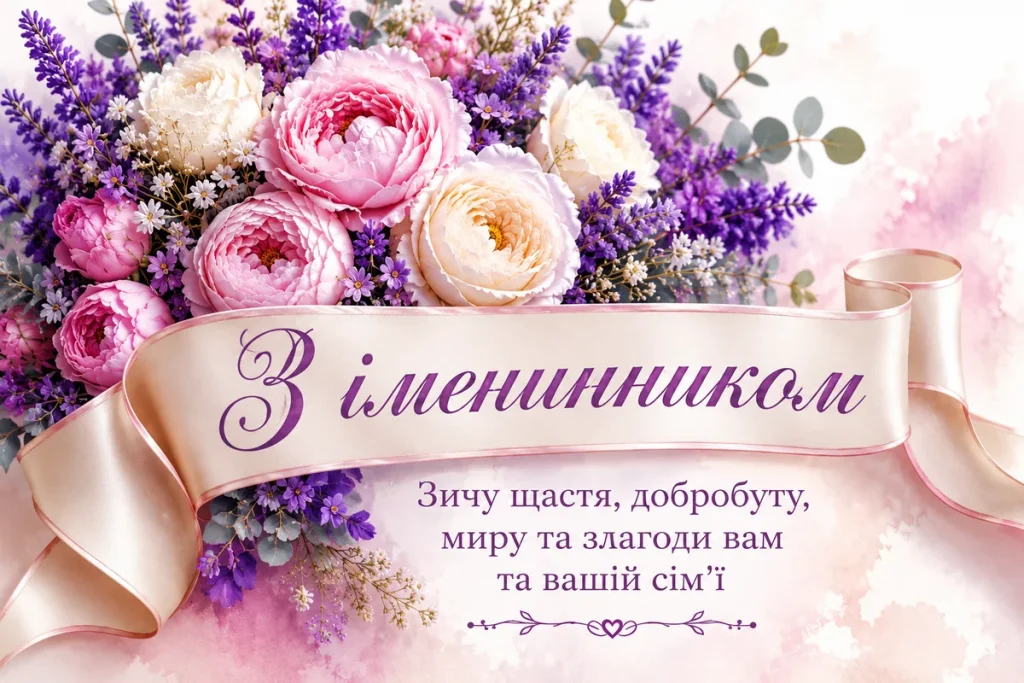 Квіти з привітанням імениннику та сім'ї українською.