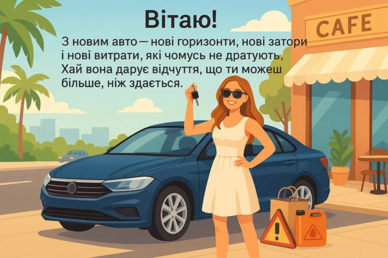 Жінка з ключами від нового автомобіля біля кав'ярні.