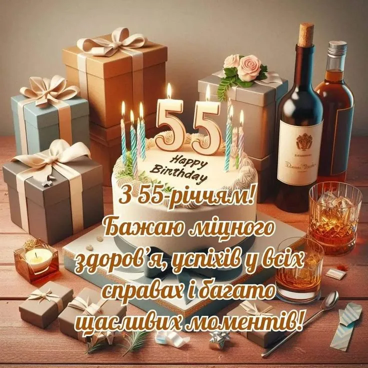 Святковий стіл з тортom на 55 років та подарунками.