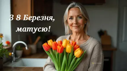 Жінка тримає тюльпани, привітання з 8 Березня мамі.