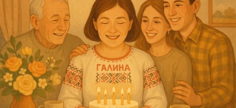 Свято з днем народження Галини, сім'я та торт.