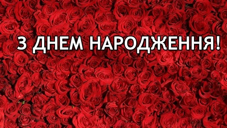 Червоні троянди на фоні з привітанням з днем народження українською.