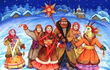 Українські персонажі святкують Новий рік у сніговій зимі.