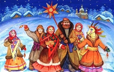 Українські персонажі святкують Новий рік у сніговій зимові.