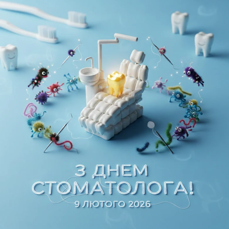 Святкова ілюстрація до Дня стоматолога з зубом та мікроорганізмами.
