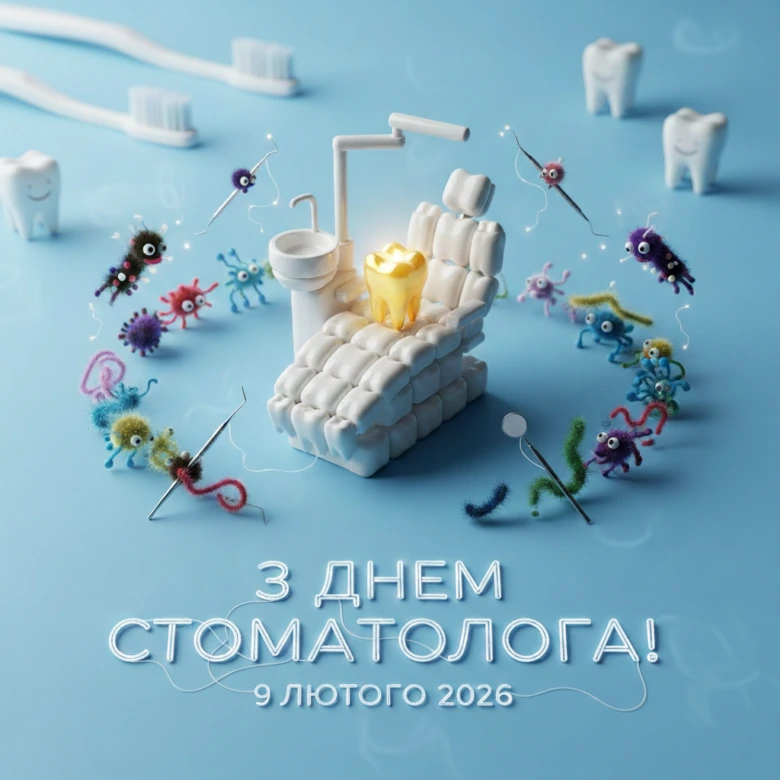 Святкова ілюстрація з зубом та мікроорганізмами на фоні.