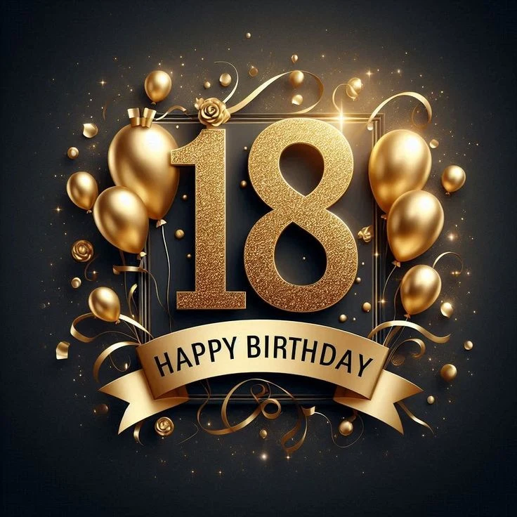 Золоті кульки та стрічки з написом «Happy Birthday» для вісімнадцятиріччя.
