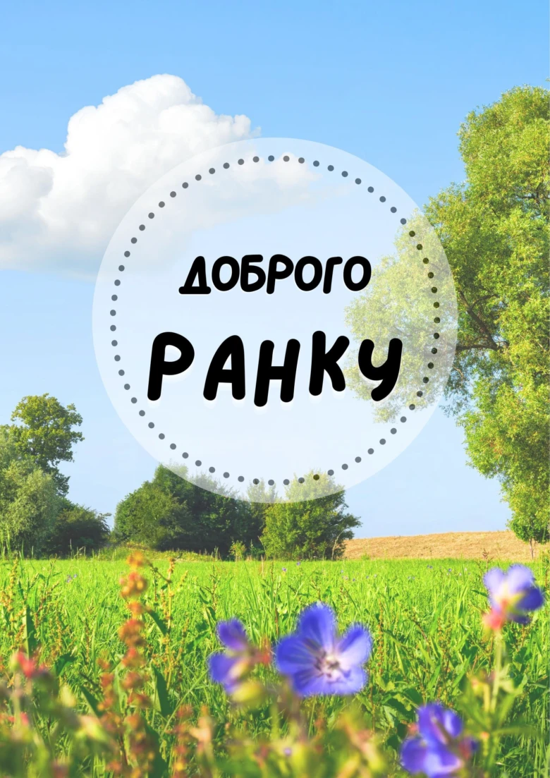 Красиве поле з квітами та написом «Доброго ранку» на фоні неба.