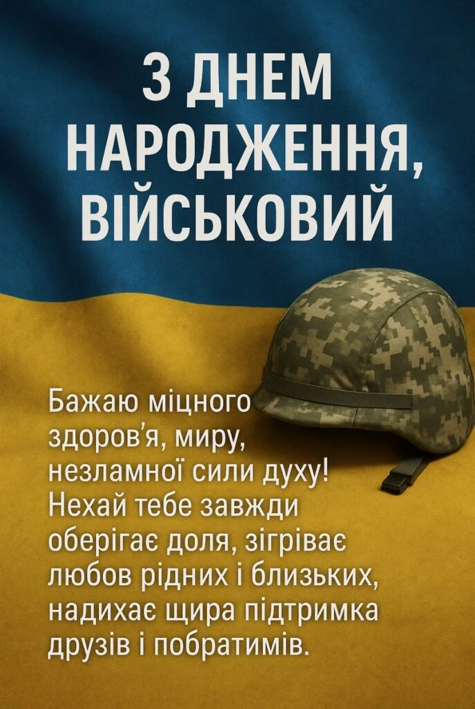Вітання з днем народження захиснику на фоні прапора України.