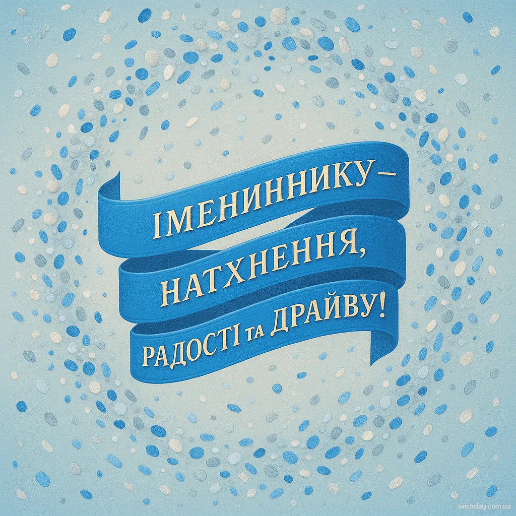 Синя стрічка з привітанням імениннику на фоні конфетті.