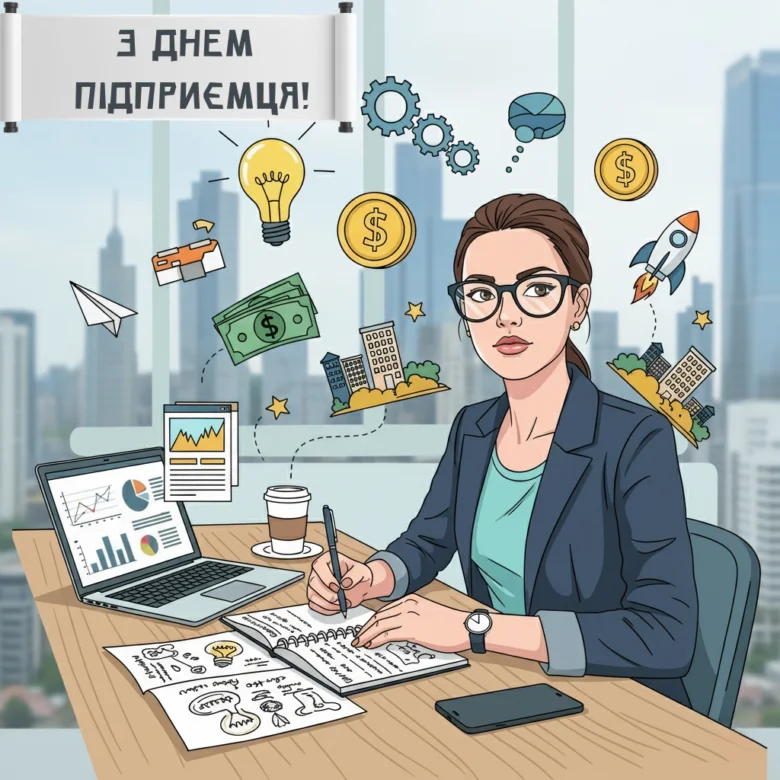Жінка працює за столом з ноутбуком та іконками бізнесу.