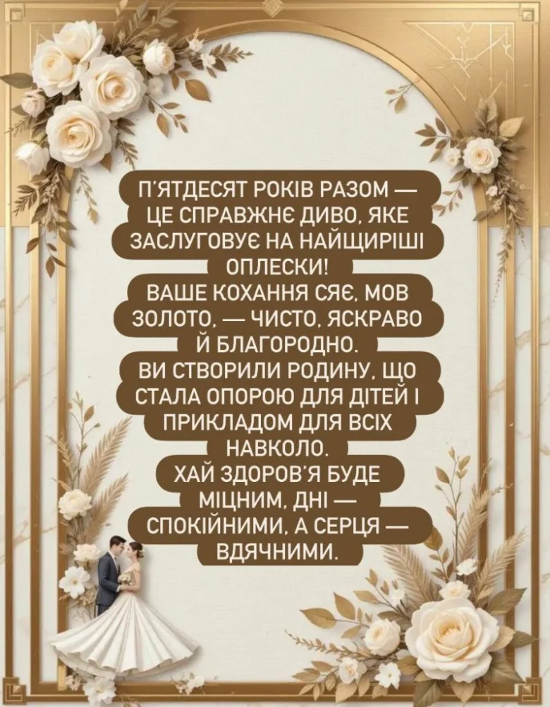 Картка до золотого весілля з квітами та привітанням українською.