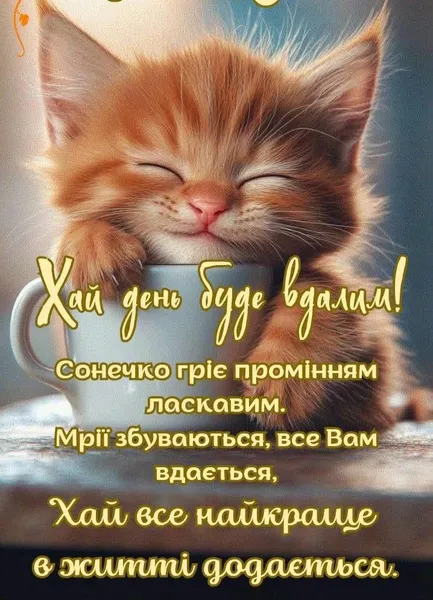 Кіт спить у чашці з привітанням доброго ранку.