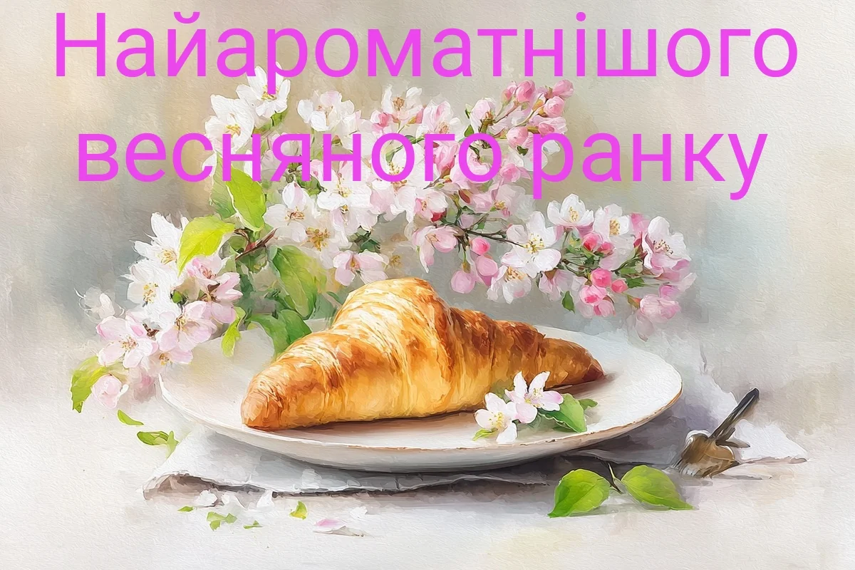 Золотистий круасан на тарілці серед квітів вишні.
