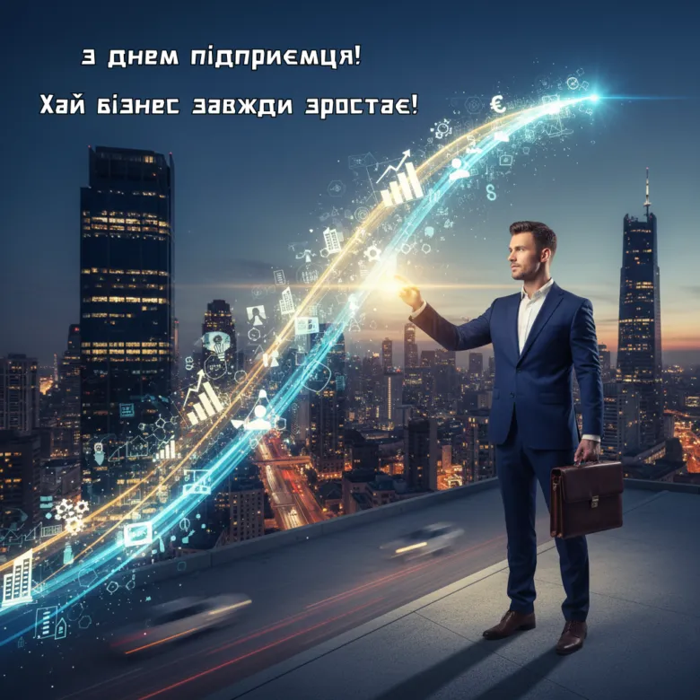 Бізнесмен на даху з іконками росту бізнесу.