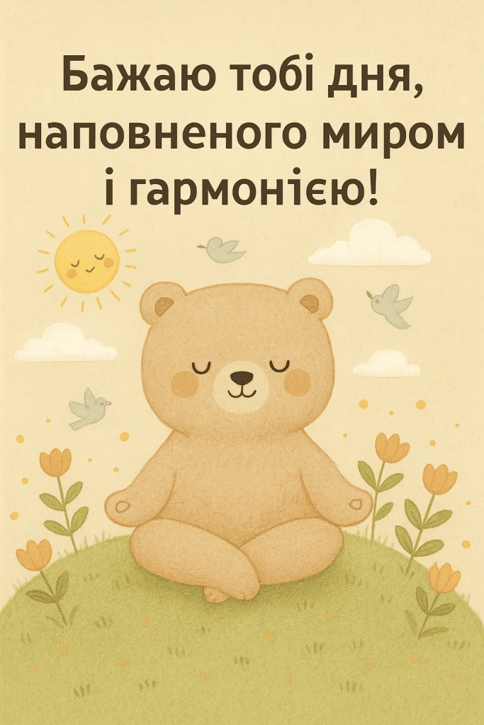 Мілий ведмідь у медитації під сонцем з квітами та птахами.