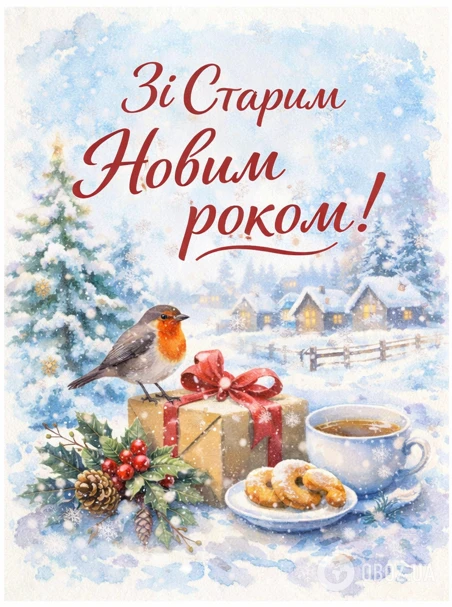 Пташка на подарунку з чаєм та печивом під снігом.