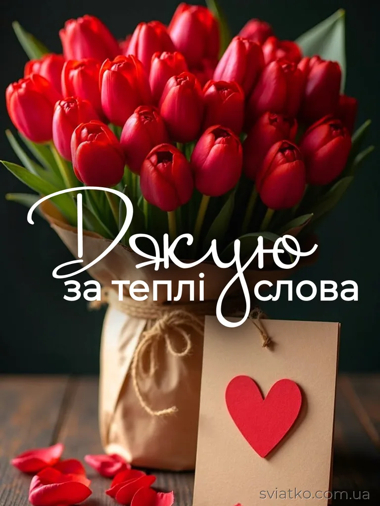 Червоні тюльпани з написом Дякую за теплі слова