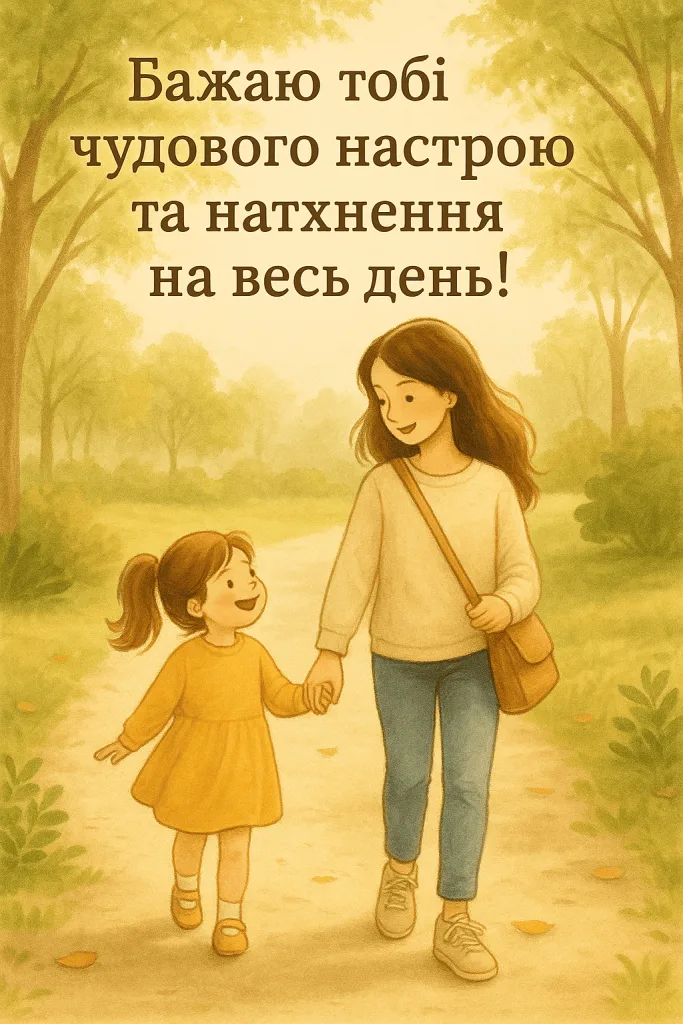 Мама з донькою йдуть по парку. Бажаємо гарного дня!