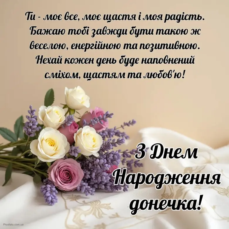 Квіти та привітання з днем народження доньки українською.