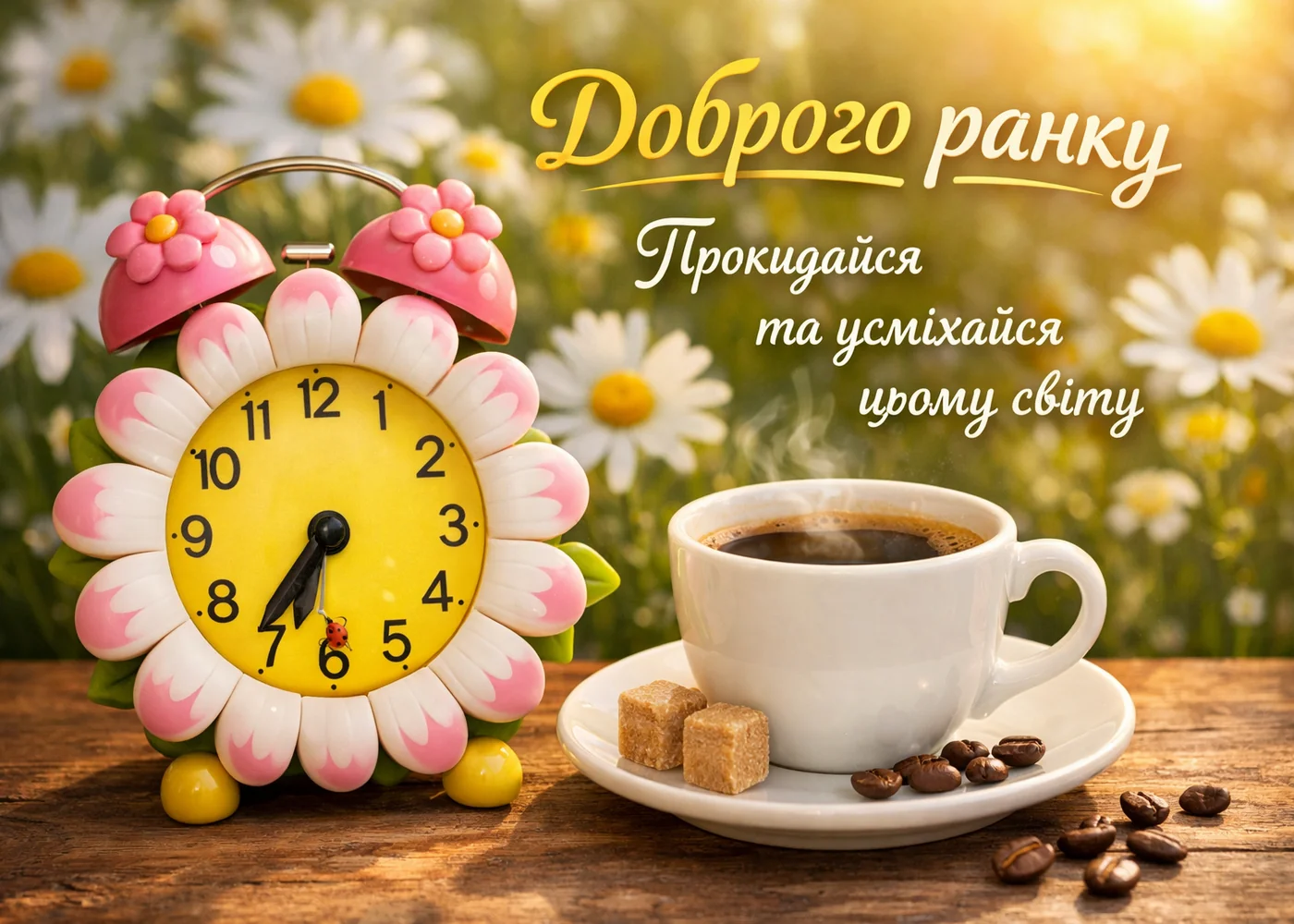 Квіти, годинник та кавою з побажаннями доброго ранку українською.